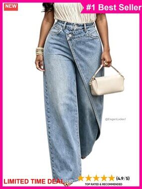 Womens High Rise Wide Leg Baggy Straight Leg Denim Jeans Asymmetrical